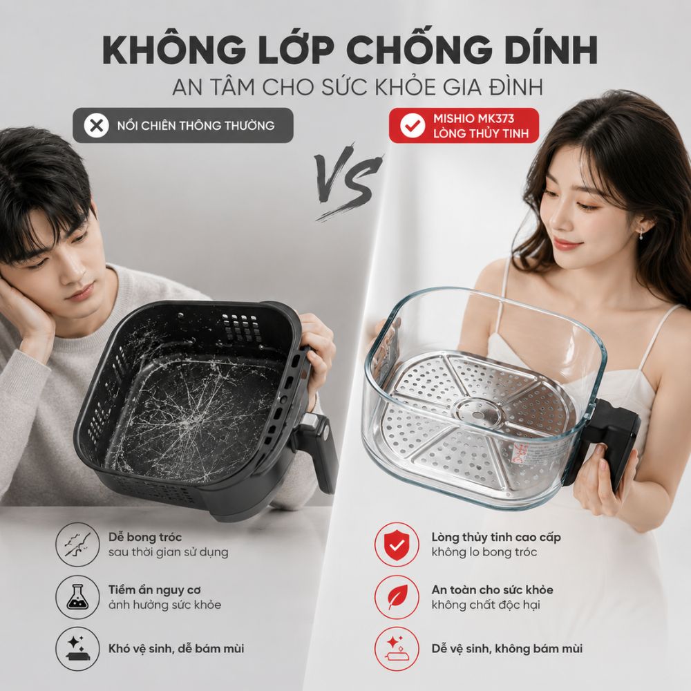 Nồi chiên không dầu lòng thuỷ tinh Mishio MK373 không lo bong tróc chống dính