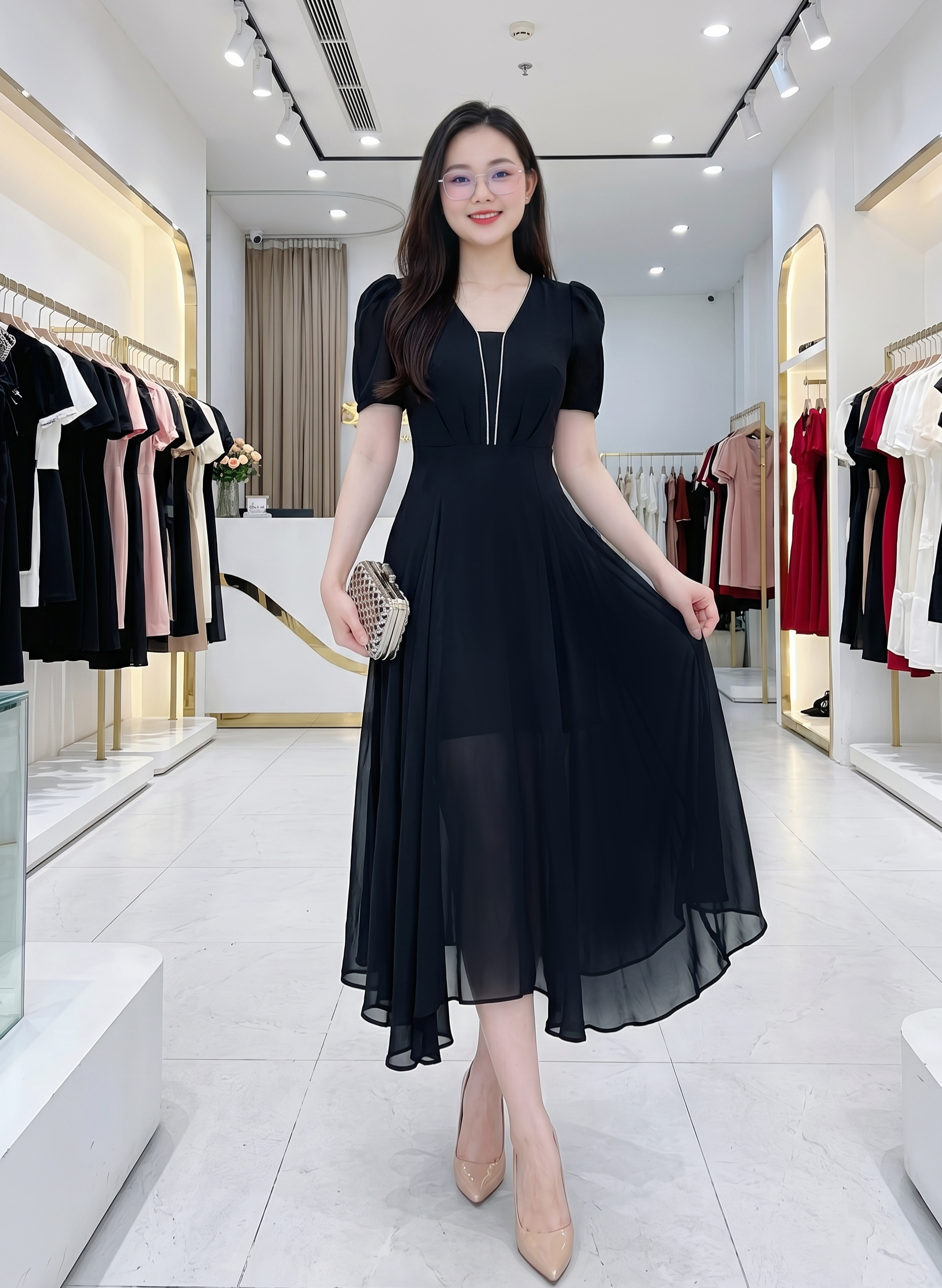 Đầm xòe thiết kế tay con cổ V phối đá_thumbnail_6