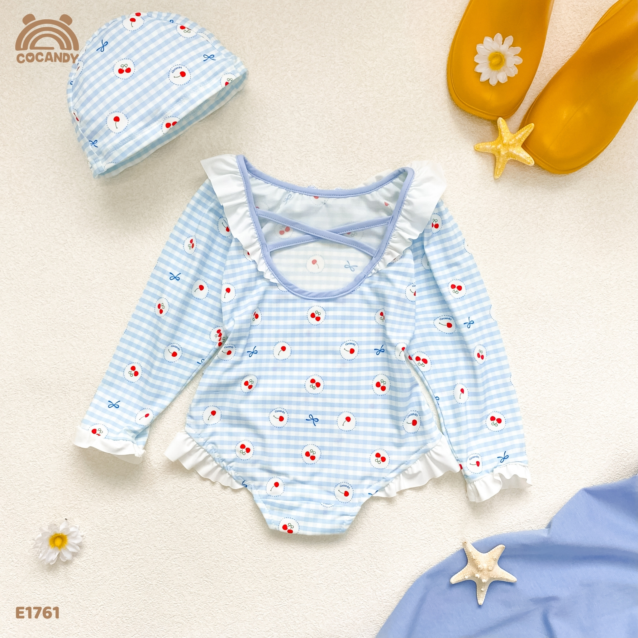 Bộ bơi dài caro XANH DƯƠNG cherry đỏ_thumbnail_1