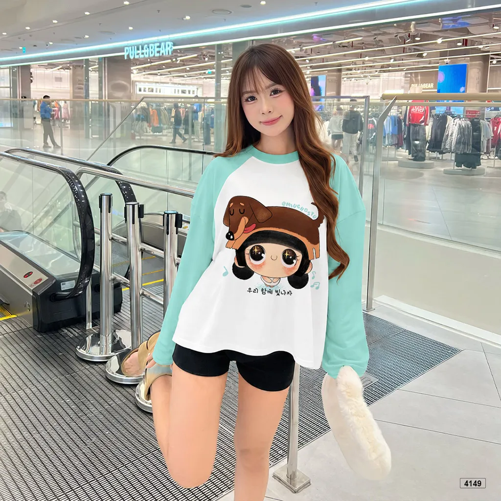 Áo thun tay dài nữ form boxy phối tay bé đội mũ cún phong cách Hàn Quốc Miucho 4149_thumbnail_4