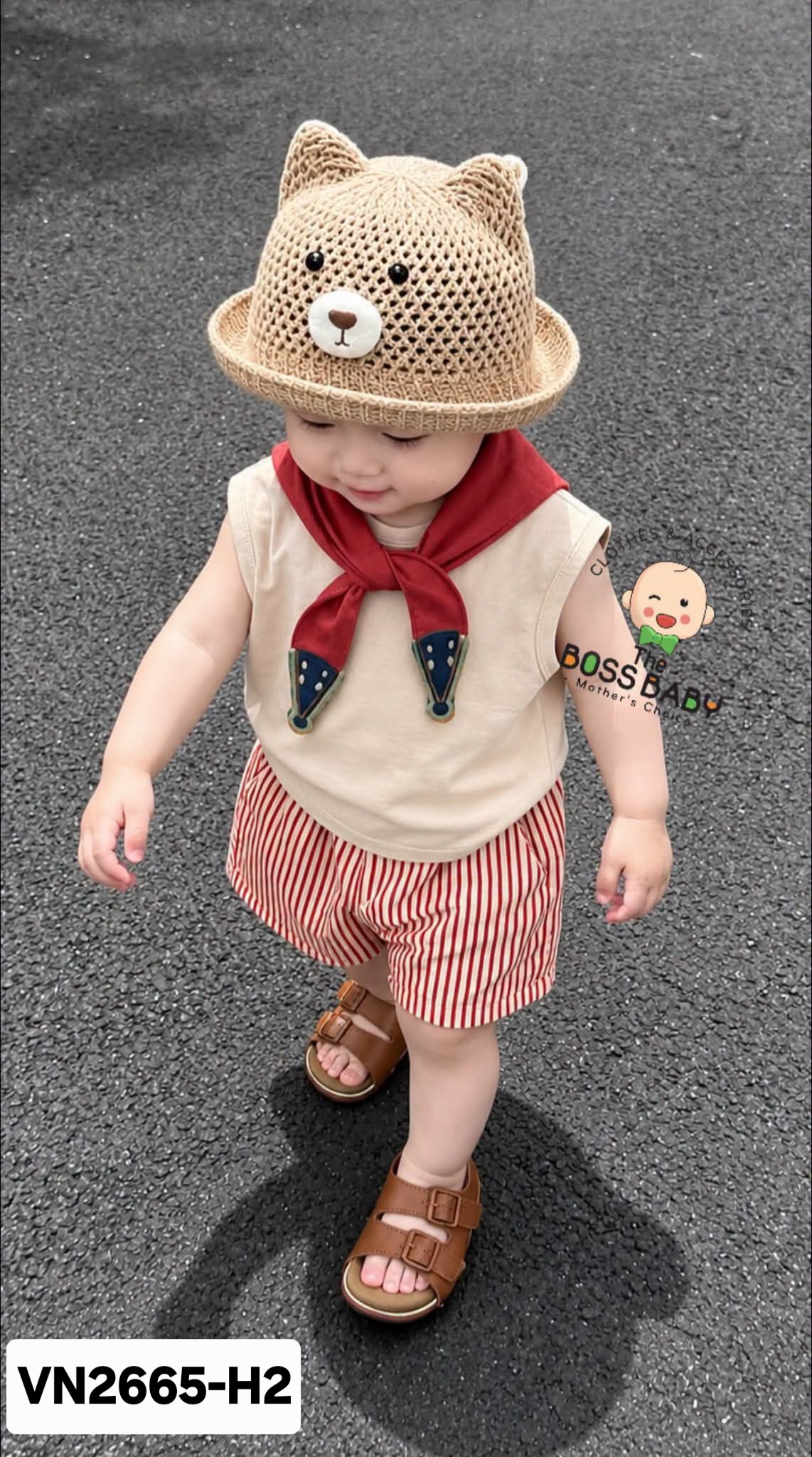 Set bộ thô be kẻ đỏ kèm khăn
