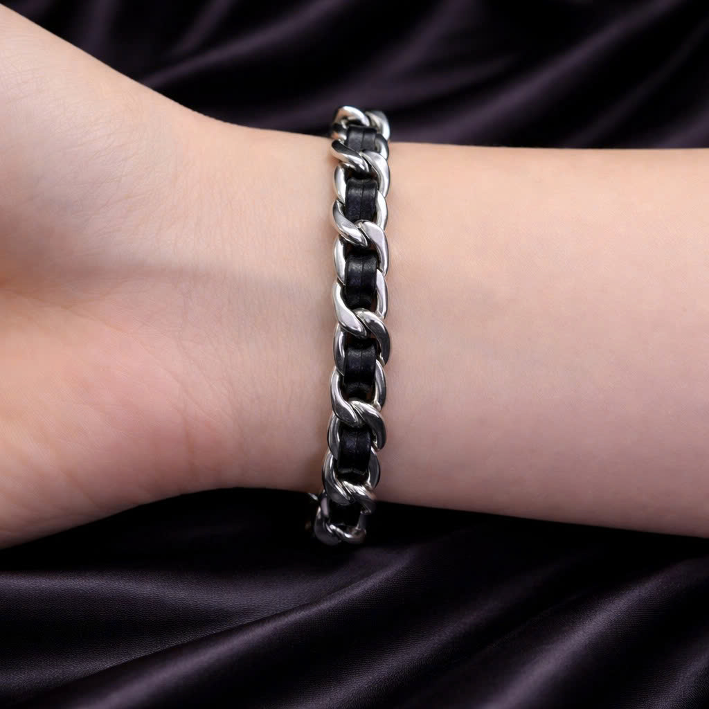 vòng tay xích kẹp dây da đen 19cm_thumbnail_3