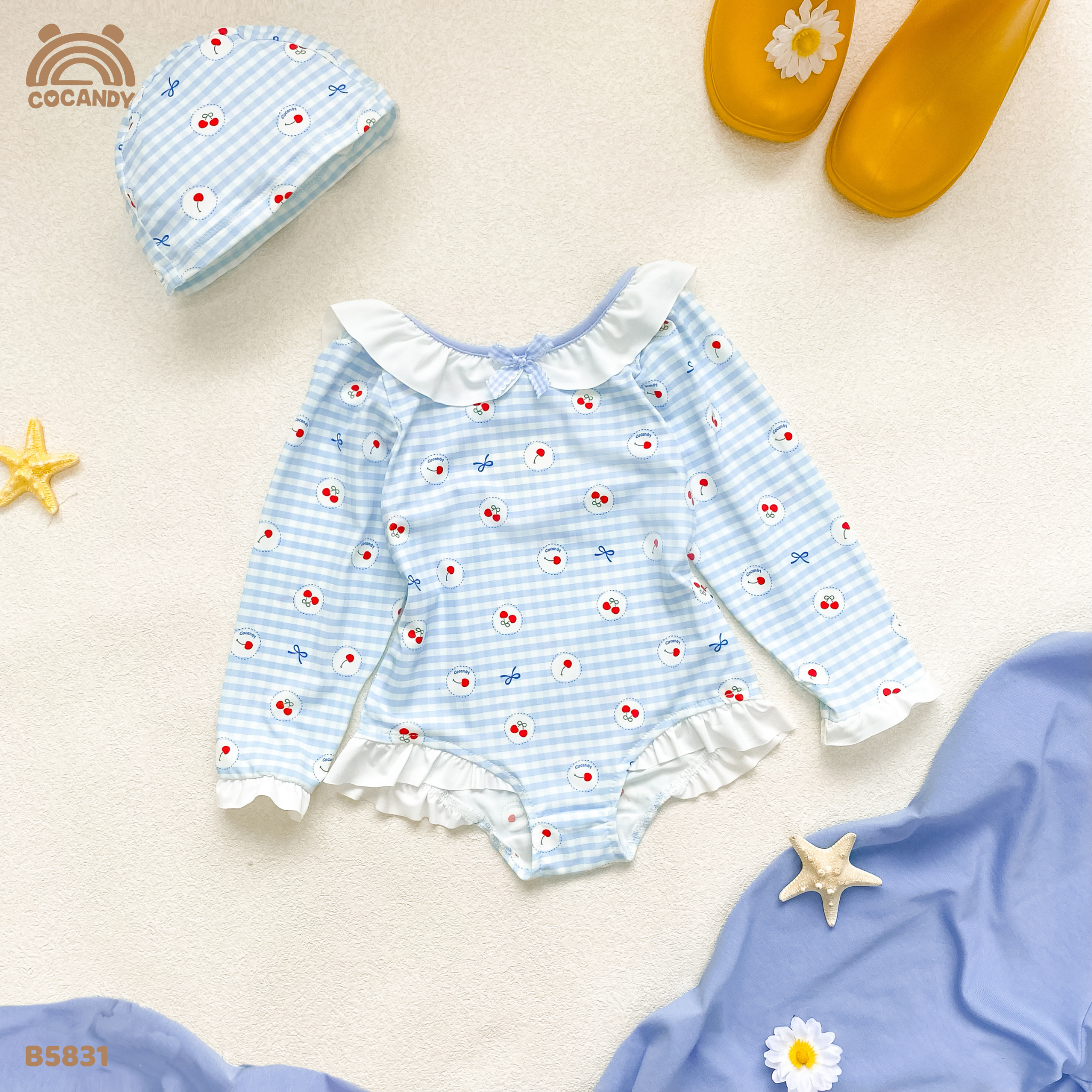 Bộ bơi dài caro XANH DƯƠNG cherry đỏ