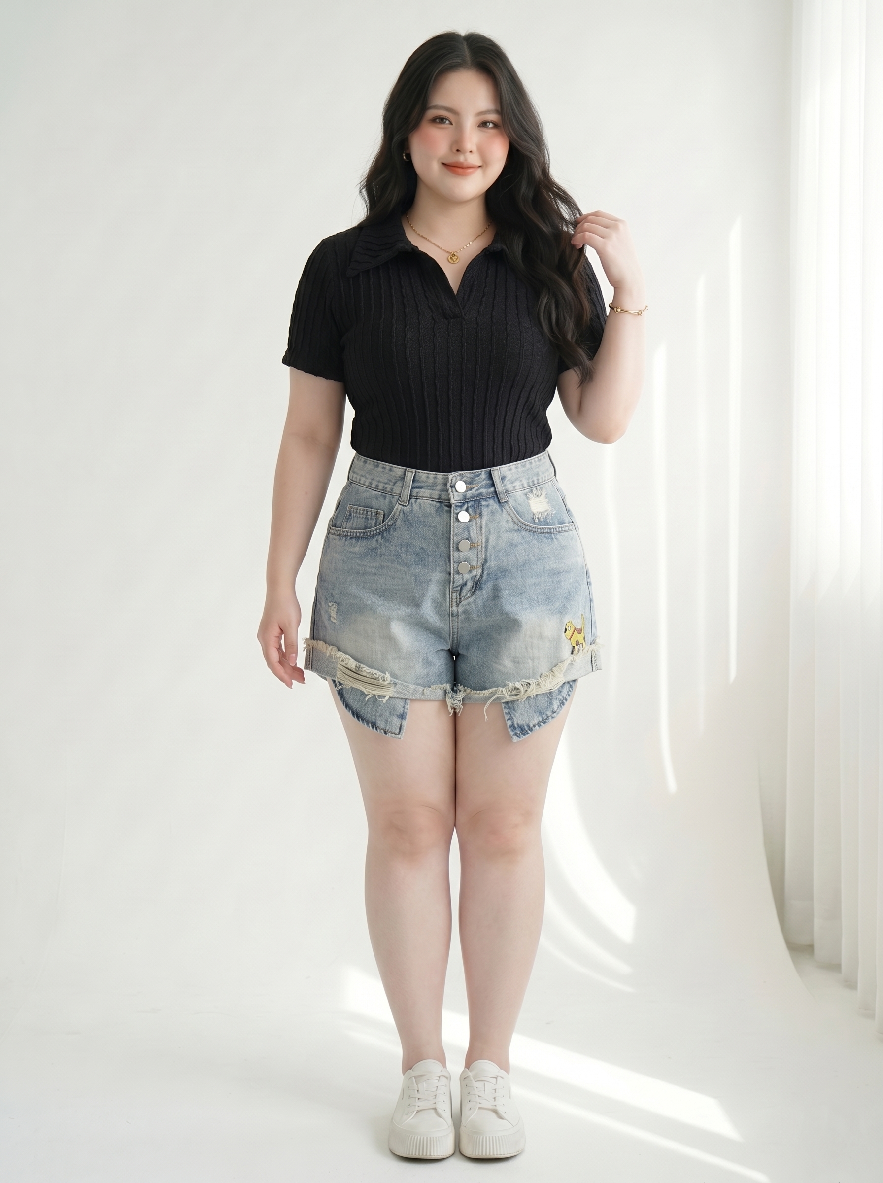 Quần Short Jean Túi Lồi Thêu 4 Nút Bigsize Cạp Cao Dễ Mặc - Trắng/Xanh Jean/Đen - Size 30-35 - T-QSJ1320_thumbnail_2