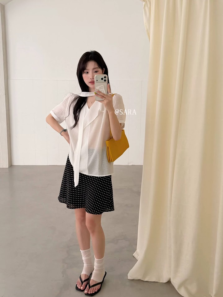 Lucas - Áo sơ mi cộc tay vải voan tơ cổ tim + dây lụa_thumbnail_6