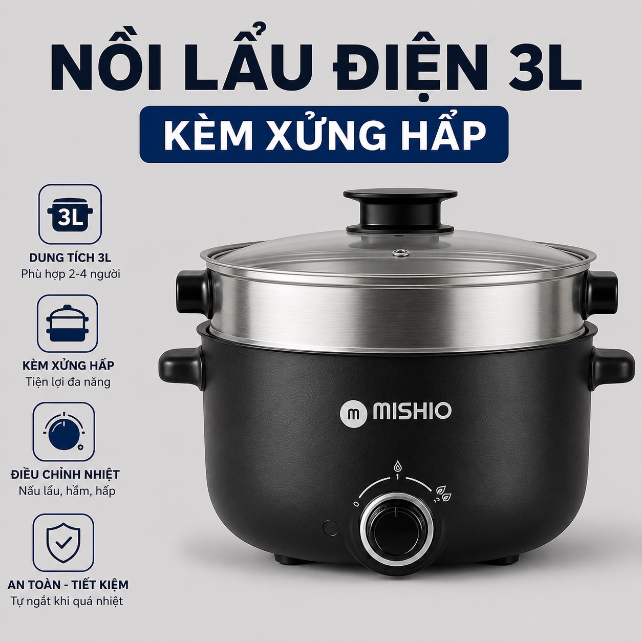 Nồi Lẩu Điện 4L Mishio MK328 có xửng hấp dùng được tối đa 6 người (MÀU ĐEN)_thumbnail_0