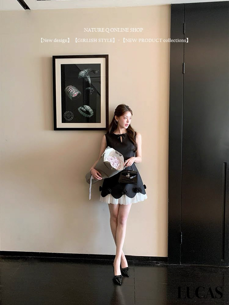 Váy zile khoét giọt lệ đính nơ gấu xòe A lót voan xếp + đính hoa nổi_thumbnail_5