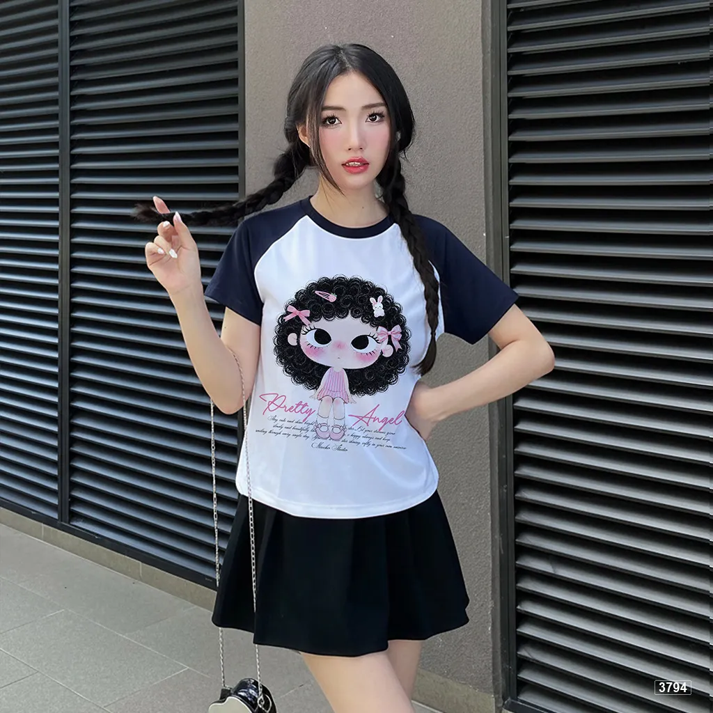 Áo babytee raglan mix màu Pretty Angel bé gái tóc xoăn phong cách Hàn Quốc Miucho 3794_thumbnail_3