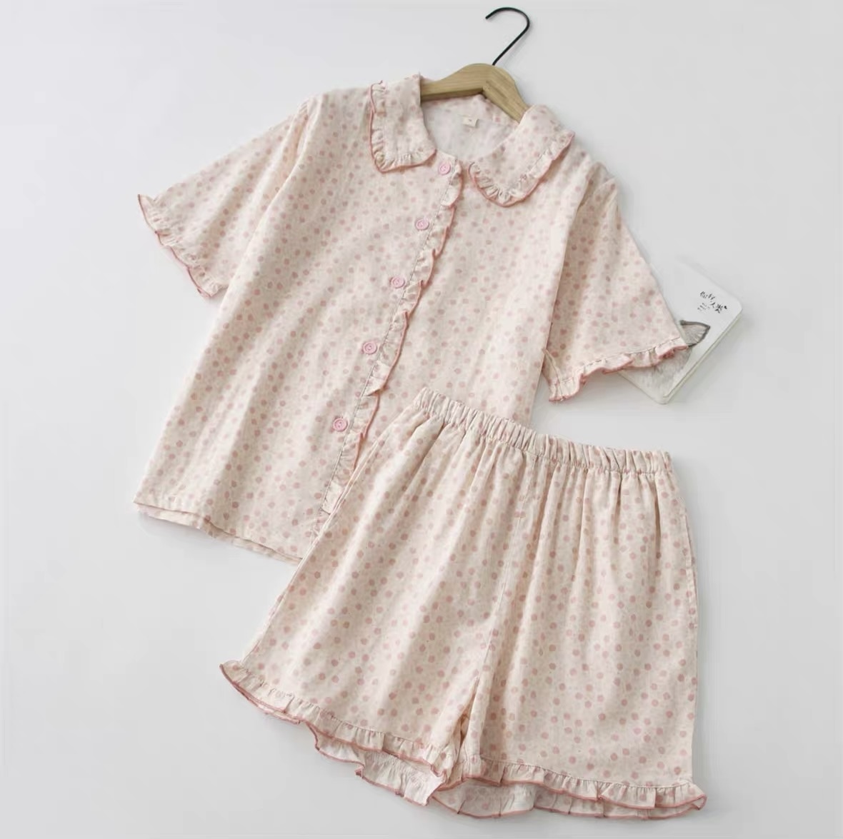 Bộ Pizama Cổ Sen Viền Bèo Xô Cotton Cộc_thumbnail_3