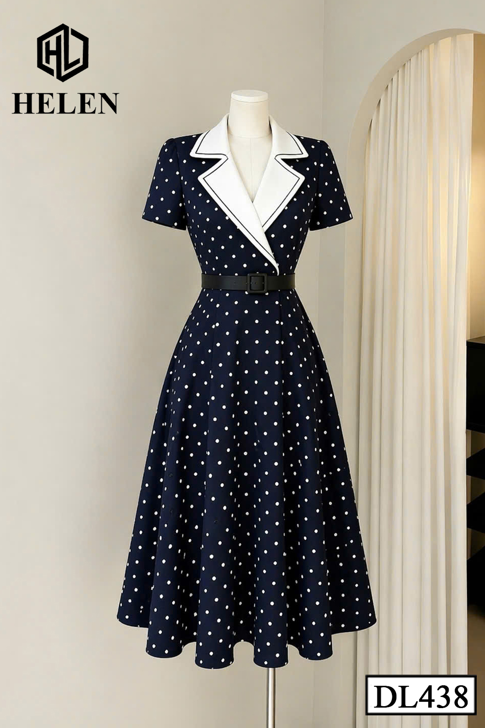 Đầm xòe XANH CHẤM TRẮNG phối cổ vest trắng DL438_thumbnail_2