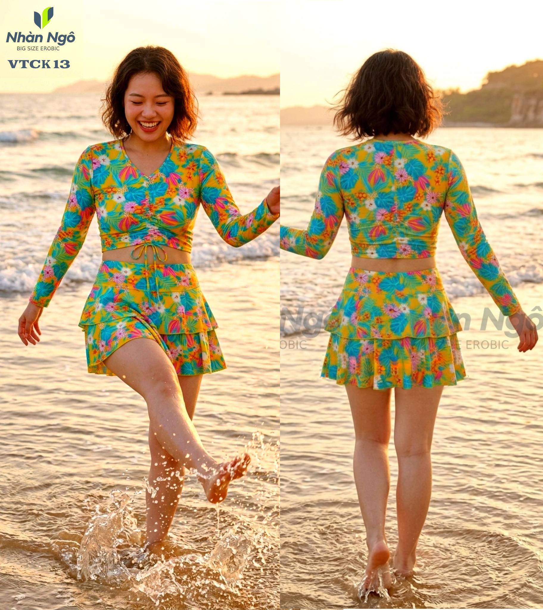 Đồ Bơi Nữ Trung Niên Tay Dài Váy Tầng Che Bụng Kín Đáo VTCK_thumbnail_4