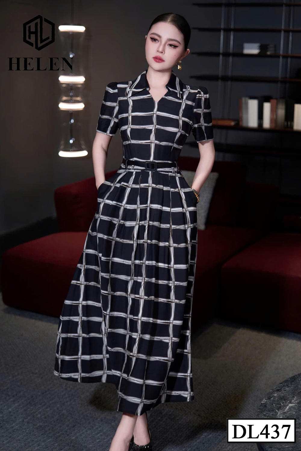 Đầm xòe họa tiết đen kẻ trắng + kèm đai DL437_thumbnail_2