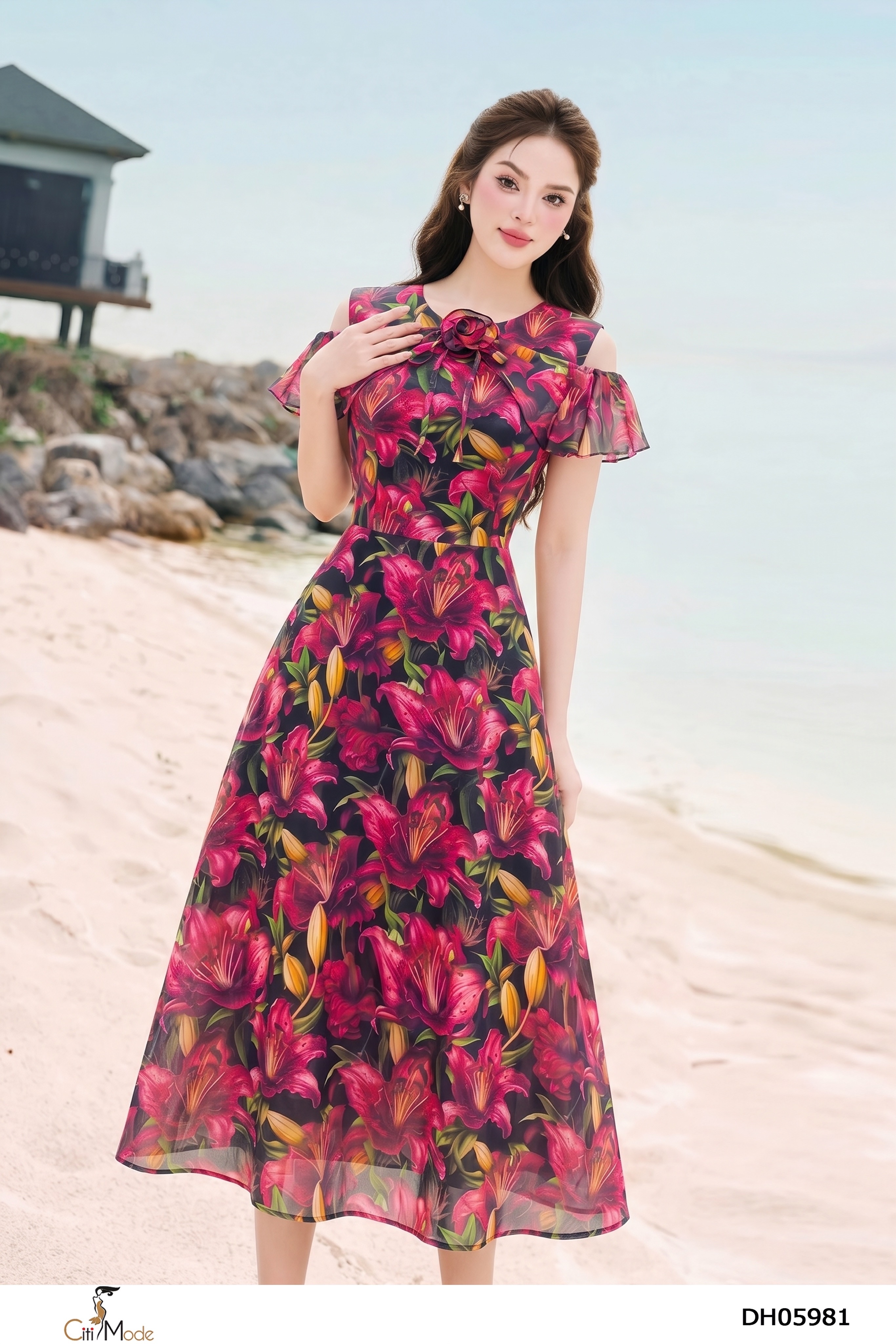 Đầm xòe hoa nổi 3D tay các điệu cổ đính hoa_thumbnail_4
