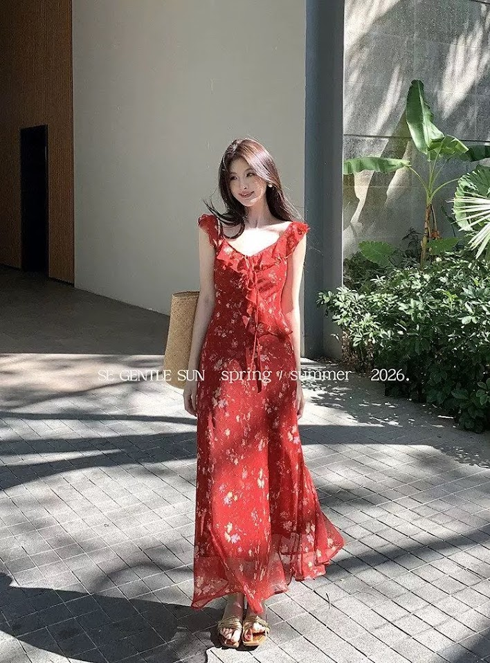 Lucas - Váy hoa voan cổ tim viền bèo nơ ngực GENTLE_thumbnail_4