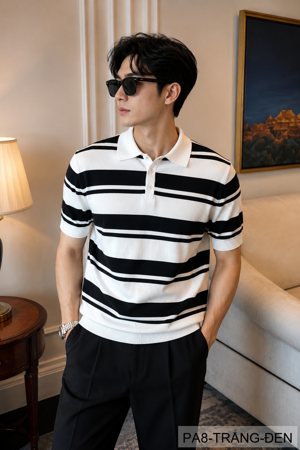 PA8 - Áo Polo nam sọc ngang đen trắng phong cách Anh, chất liệu nhẹ thoáng mát, tay ngắn cổ bẻ