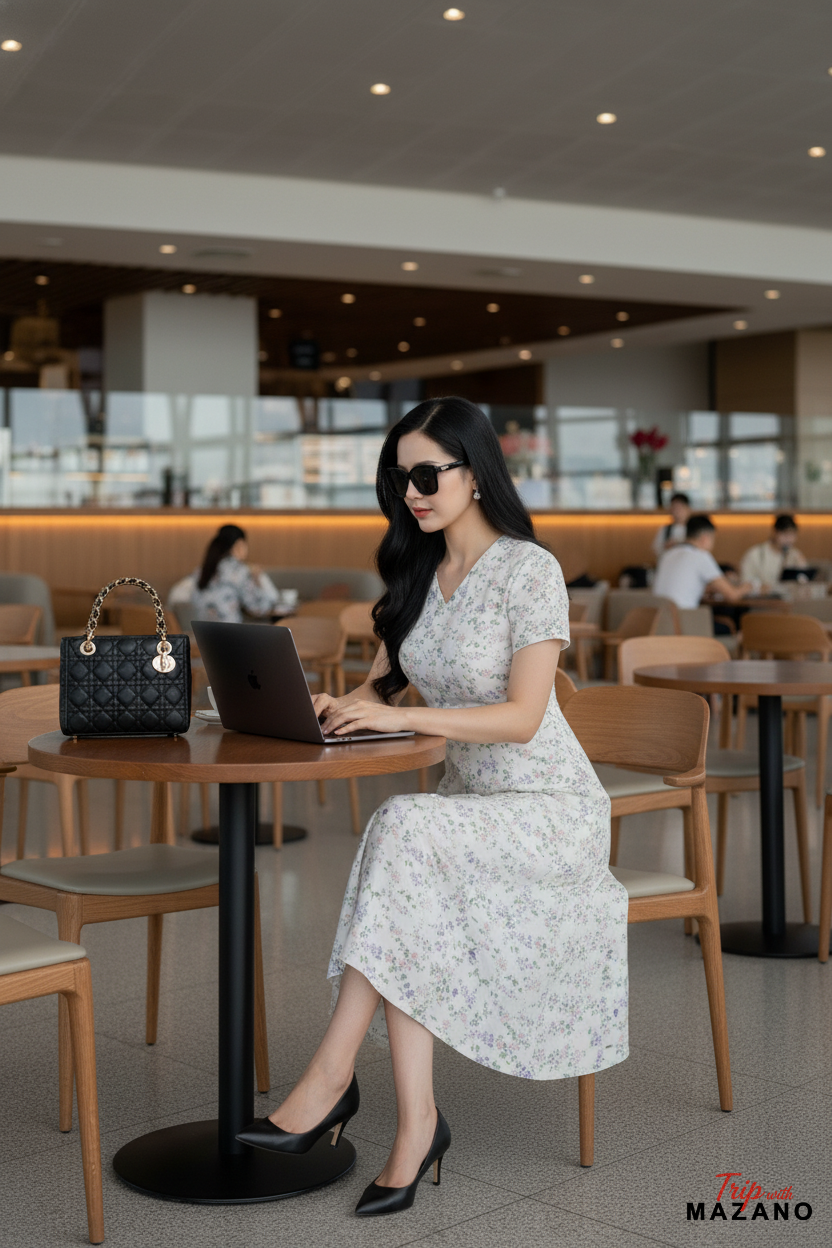 Váy Đầm thân suông nhẹ vừa chân rủ nhẹ Vải thô mỏng Họa tiết hoa nhí Cổ V Tay ngắn Dài váy ngang bắp_thumbnail_2