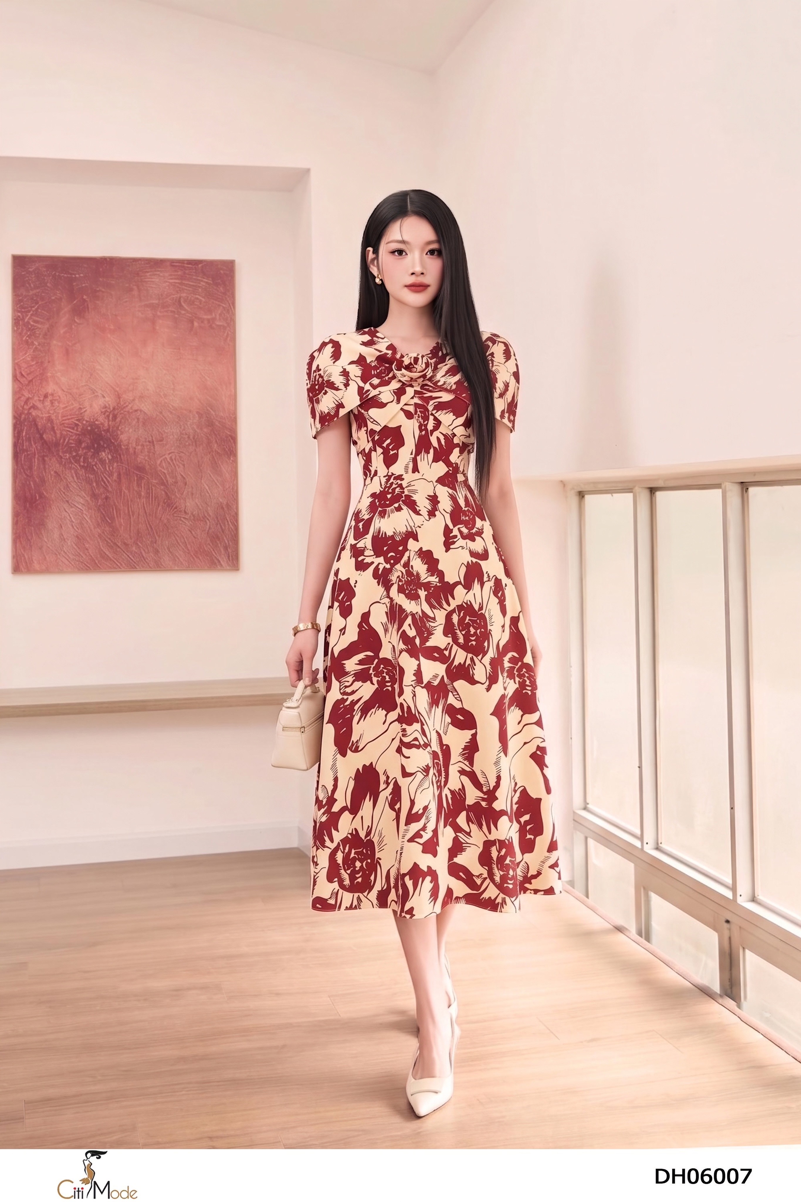 Đầm xòe hoa đỏ vai cách điệu nhún ngực cổ V hoa_thumbnail_7