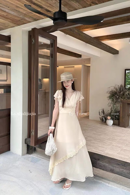 Lucas - Váy cổ tim đan tay bèo buộc nơ, chân váy xòe 2 lớp vạt ngoài viền ren chéo_thumbnail_3