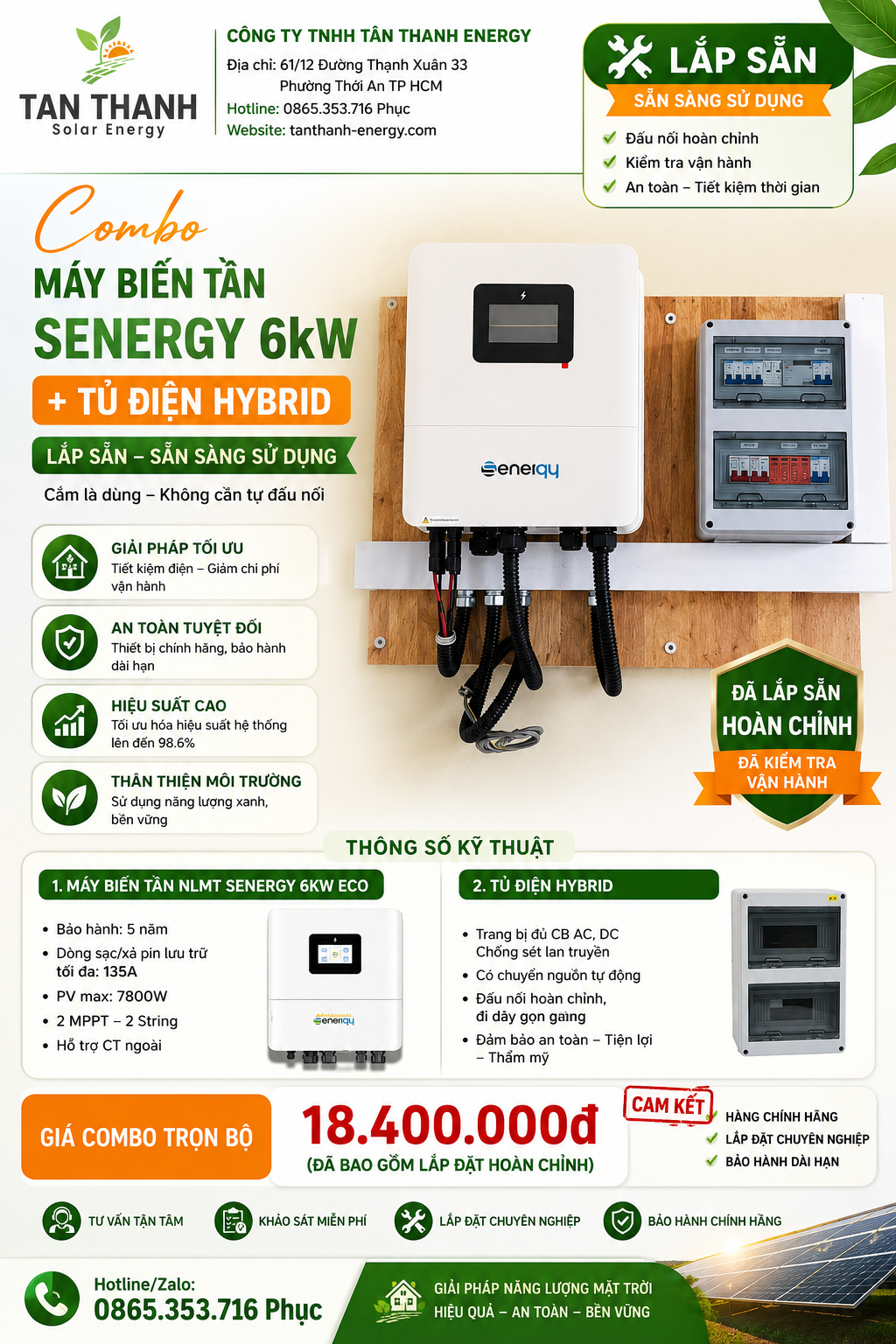 COMBO MÁY BIẾN TẦN NLMT SENERGY 6kW + TỦ ĐIỆN HYBRID LẮP SẴN