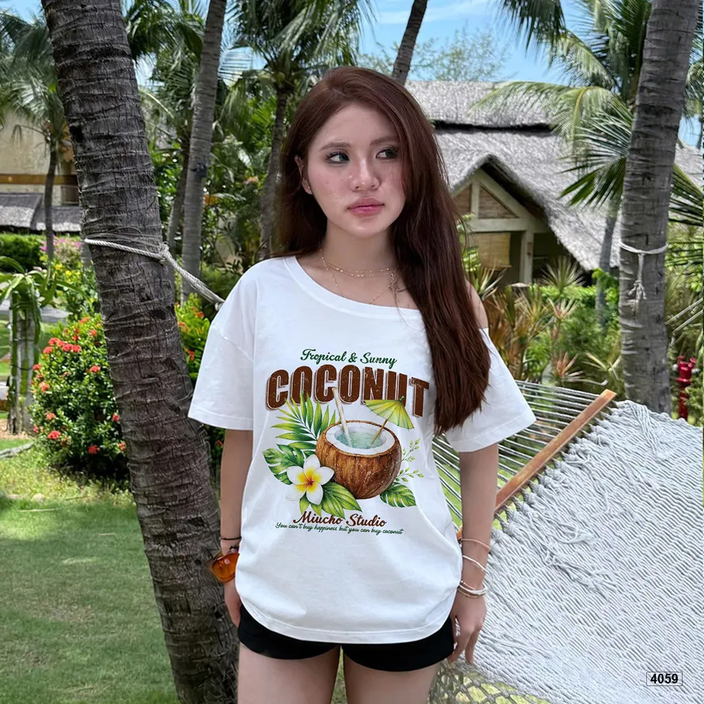 Áo thun lệch vai nữ form rộng Tropical vibe Miucho 4059_thumbnail_2