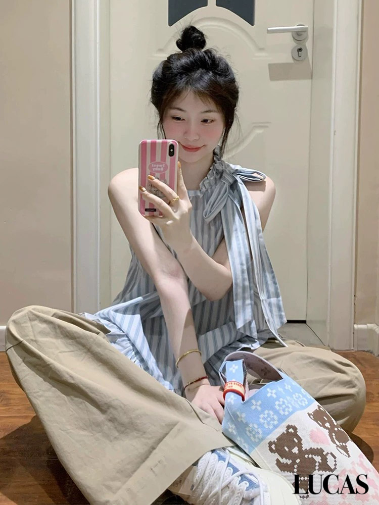 Áo sơ mi thô yếm sọc cổ dựng nơ cổ 1 bên nối gấu xòe WGWE_thumbnail_2