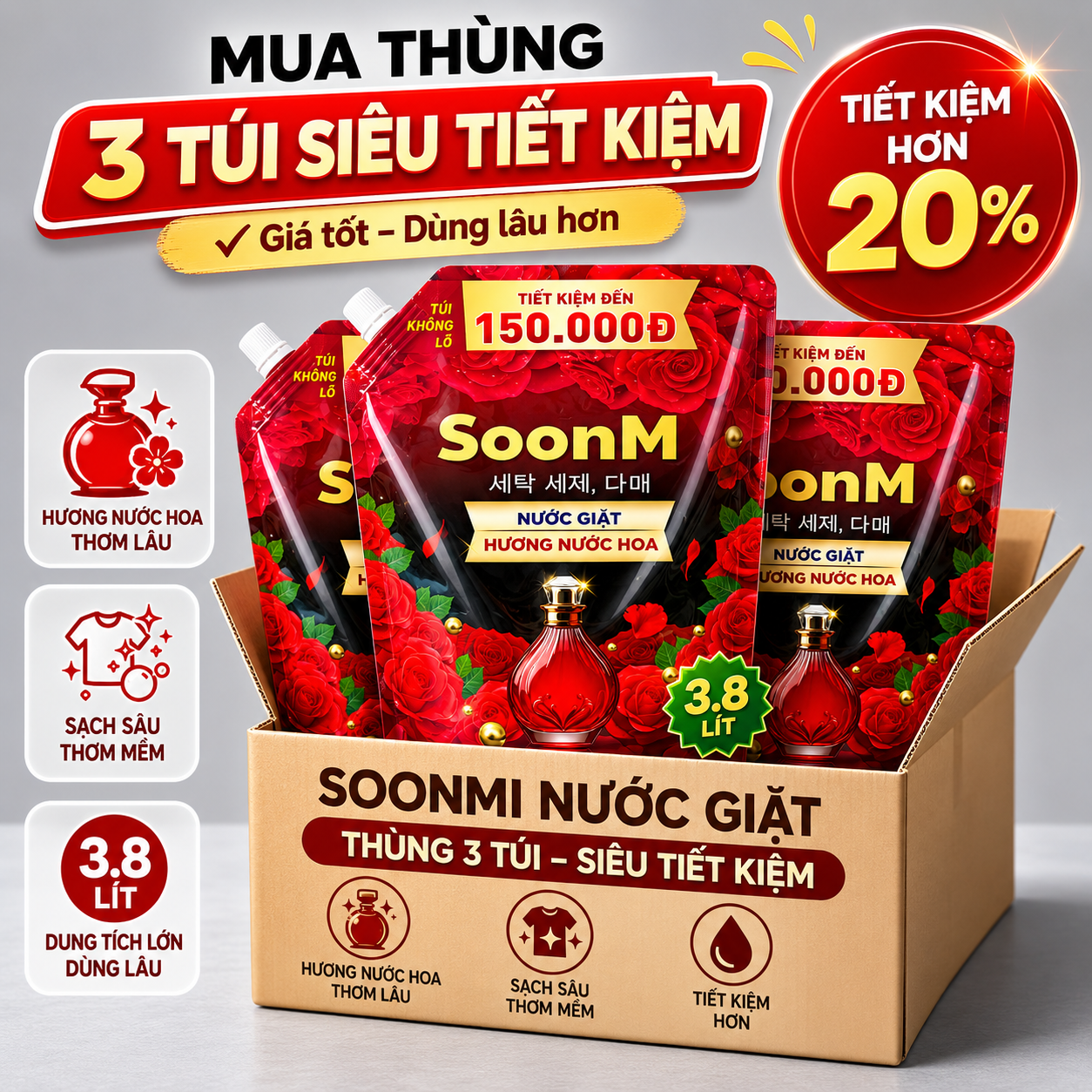 1 Thùng 3 Túi nước giặt hương nước hoa Soonmi 3.8L
