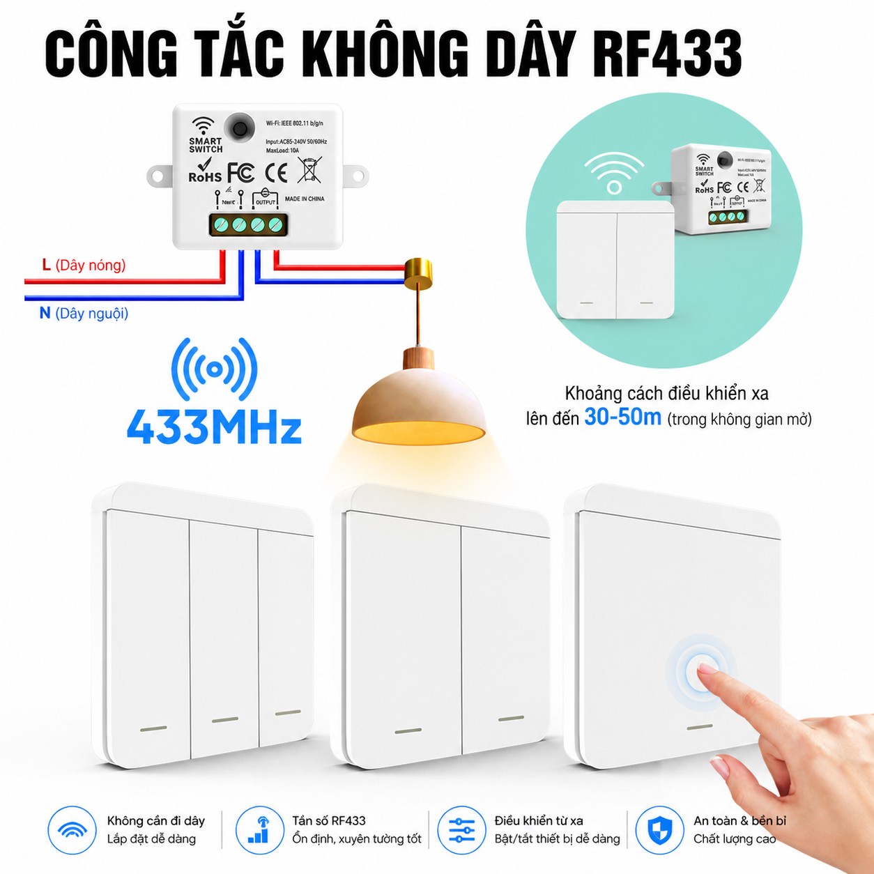 CÔNG TẮC ĐIỀU KHIỂN TỪ XA KHÔNG DÂY 433MHz Mặt Vuông