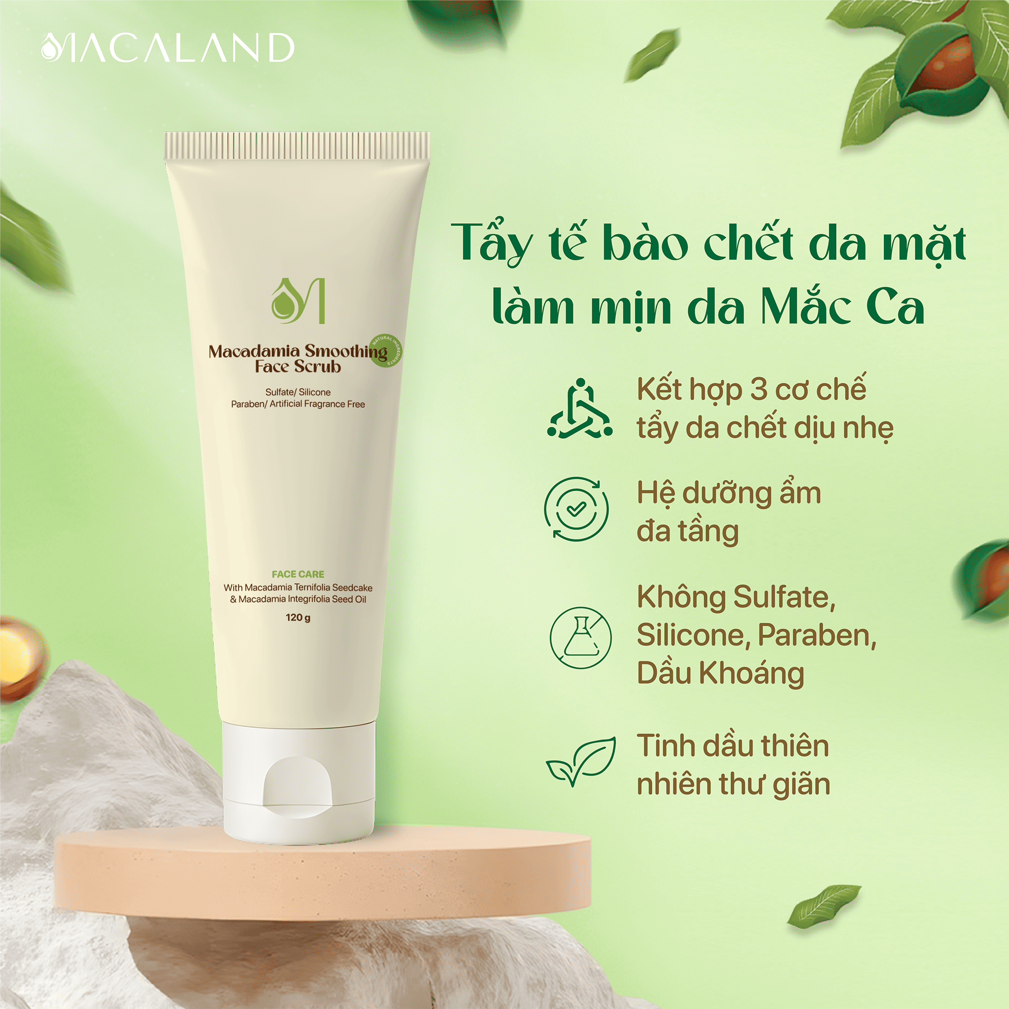Tẩy Tế Bào Chết Da Mặt Mắc Ca 120g Làm Mịn Da Macaland - Macadamia Smoothing Face Scrub