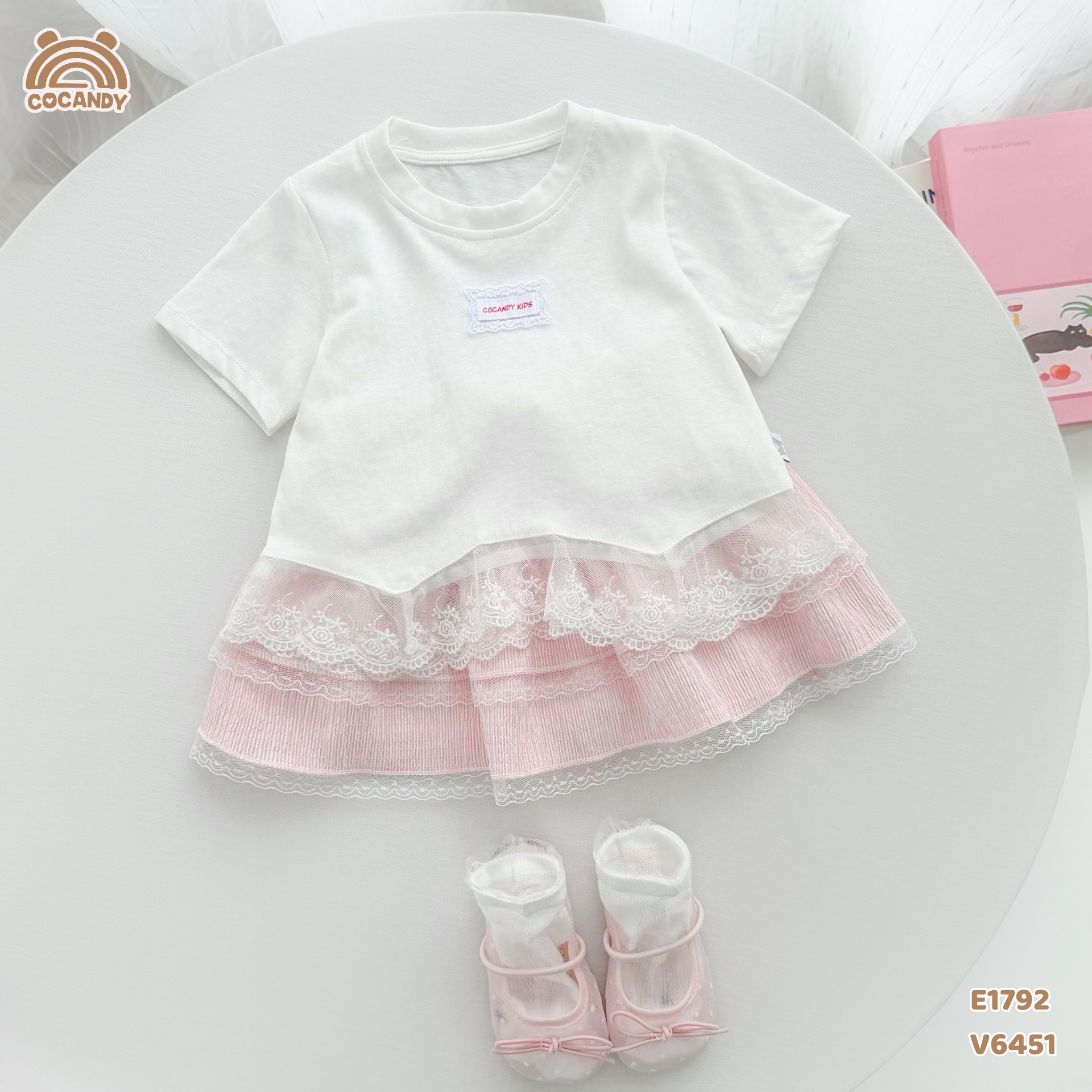 Áo cộc cotton TRẮNG phối bèo ren gấu