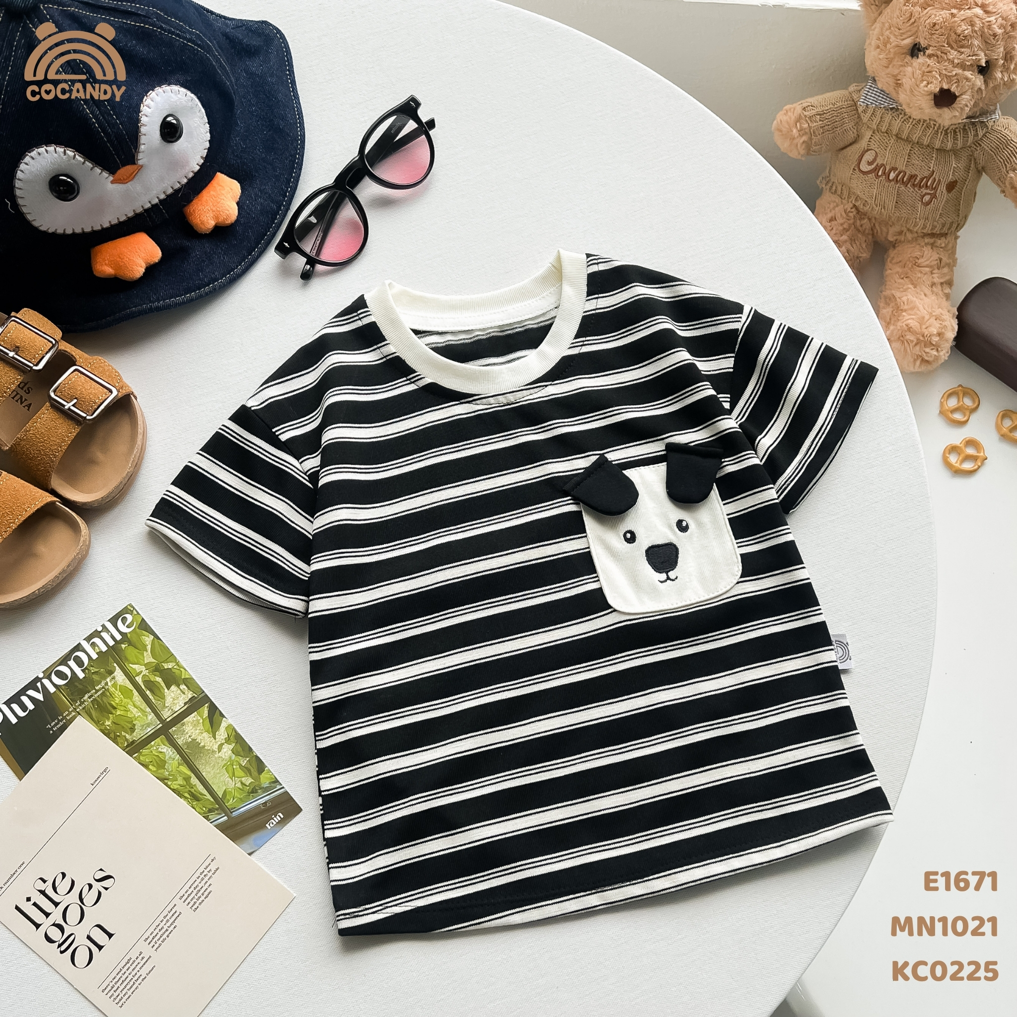 Áo cộc cotton kẻ ĐEN túi gấu_thumbnail_1