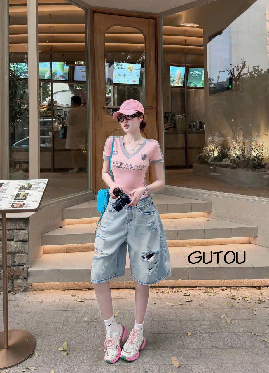 [ GUTOU ] Quần Jean Lửng Wash Rách Trendy Fit
