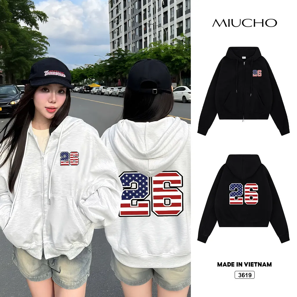 Áo hoodie zip boxy phong cách đường phố Miucho nỉ 2 da thoáng mát dày dặn 3619