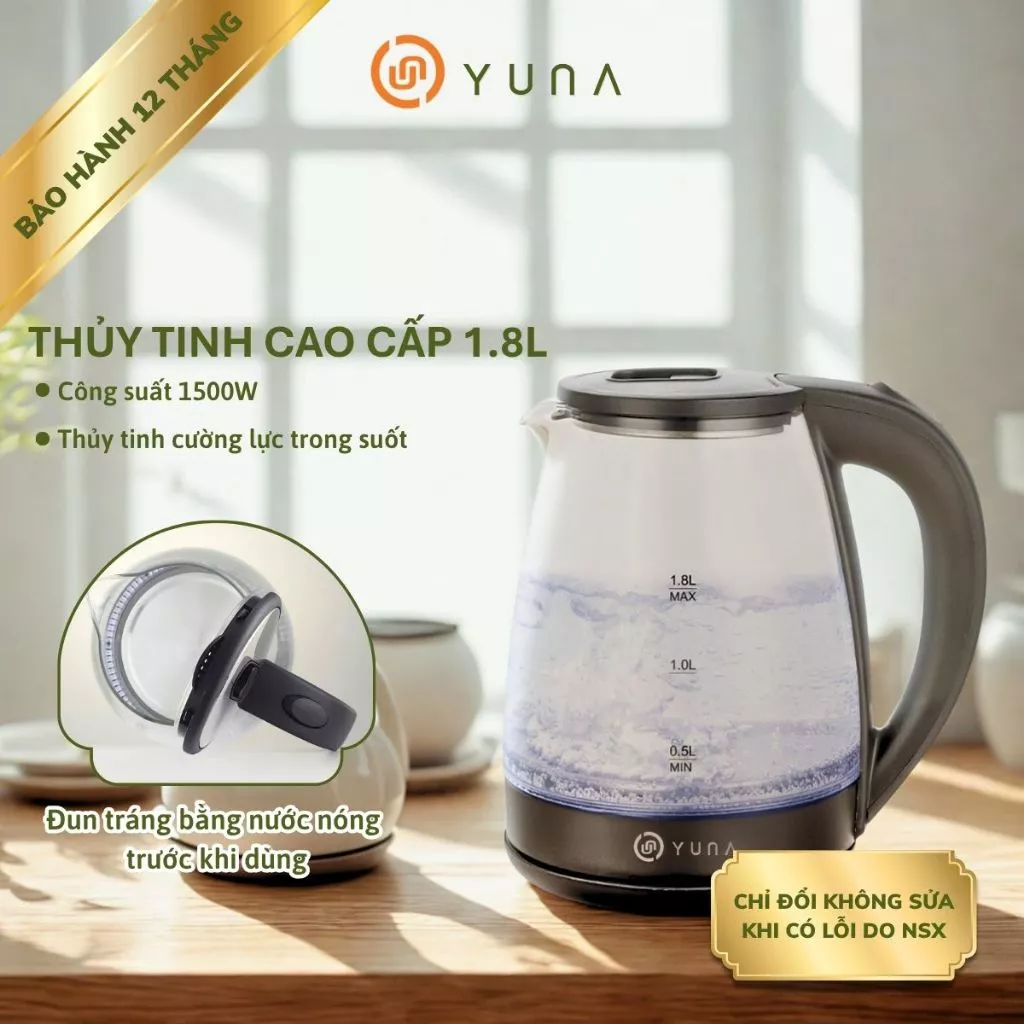 Ấm Siêu Tốc 1.8L Thủy Tinh Đáy Inox Cao Cấp 1500W – Đun Nhanh, Tự Ngắt An Toàn, Đế Xoay 360°, Có Đèn LED BẢO HÀNH 12TH