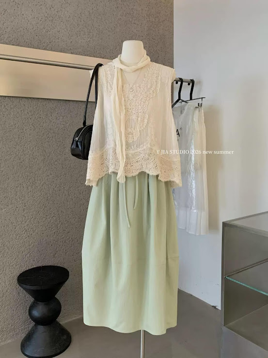Lucas - Set áo voan thêu ren zile phom suông nhẹ + chân váy xanh dáng xòe dài