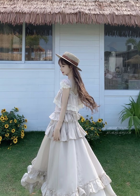 Lucas - Set áo 2 dây vải đũi nhăn viền ren gấu + tay hến + chân váy maxi xòe may nhún nhiều tầng_thumbnail_4