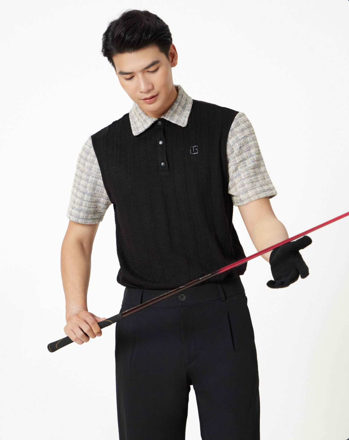 Áo polo phối cổ tweed - Nam