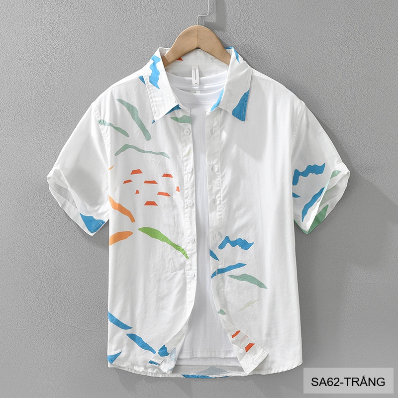 SA62 - Áo Sơ Mi Nam Tay Ngắn Phong Cách Nhật Bản In Hình Nghệ Thuật Chất Cotton Thoáng Mát