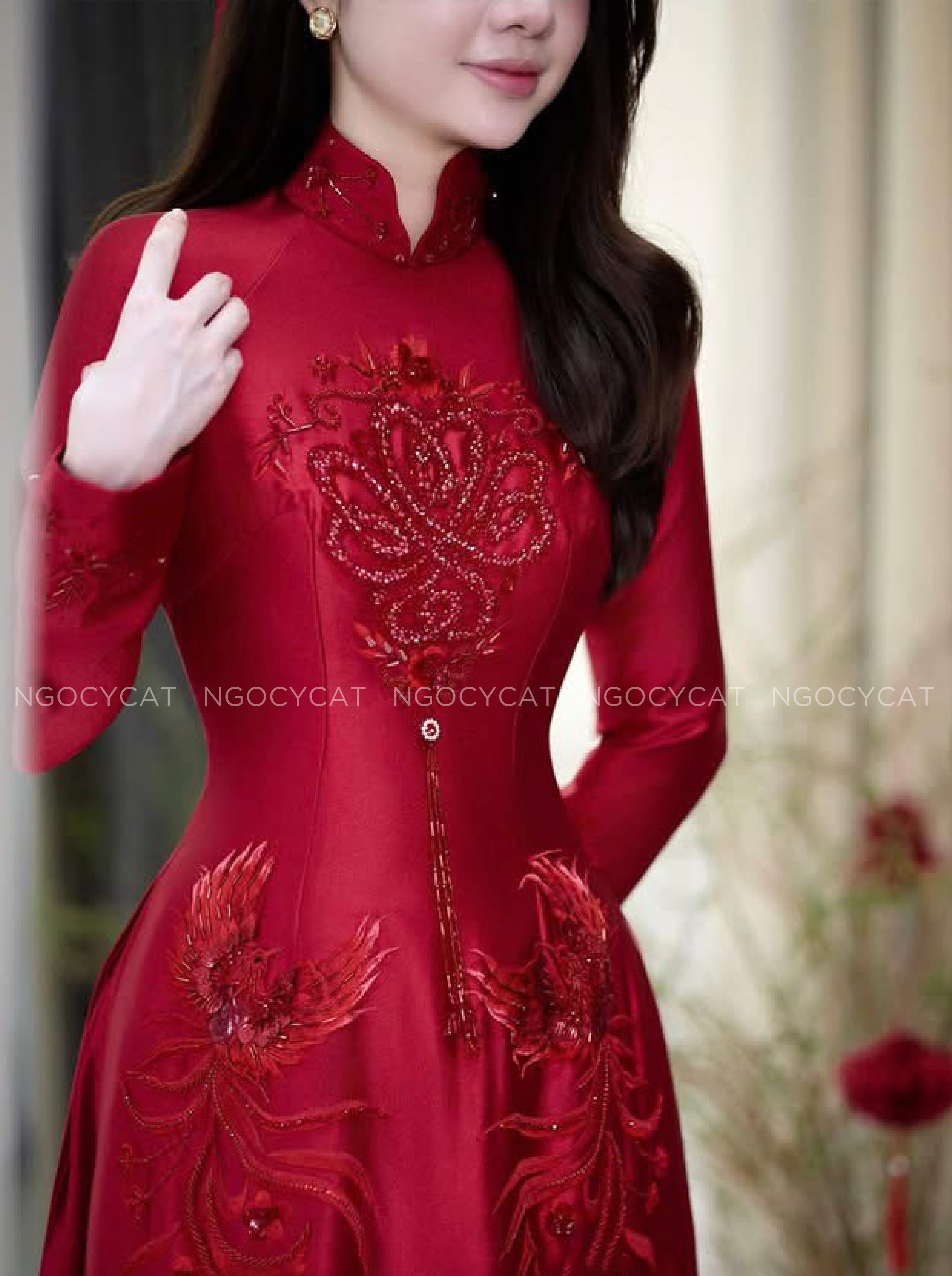 Áo Dài Dâu Rể Đỏ Hỷ Thêu Song Phượng 