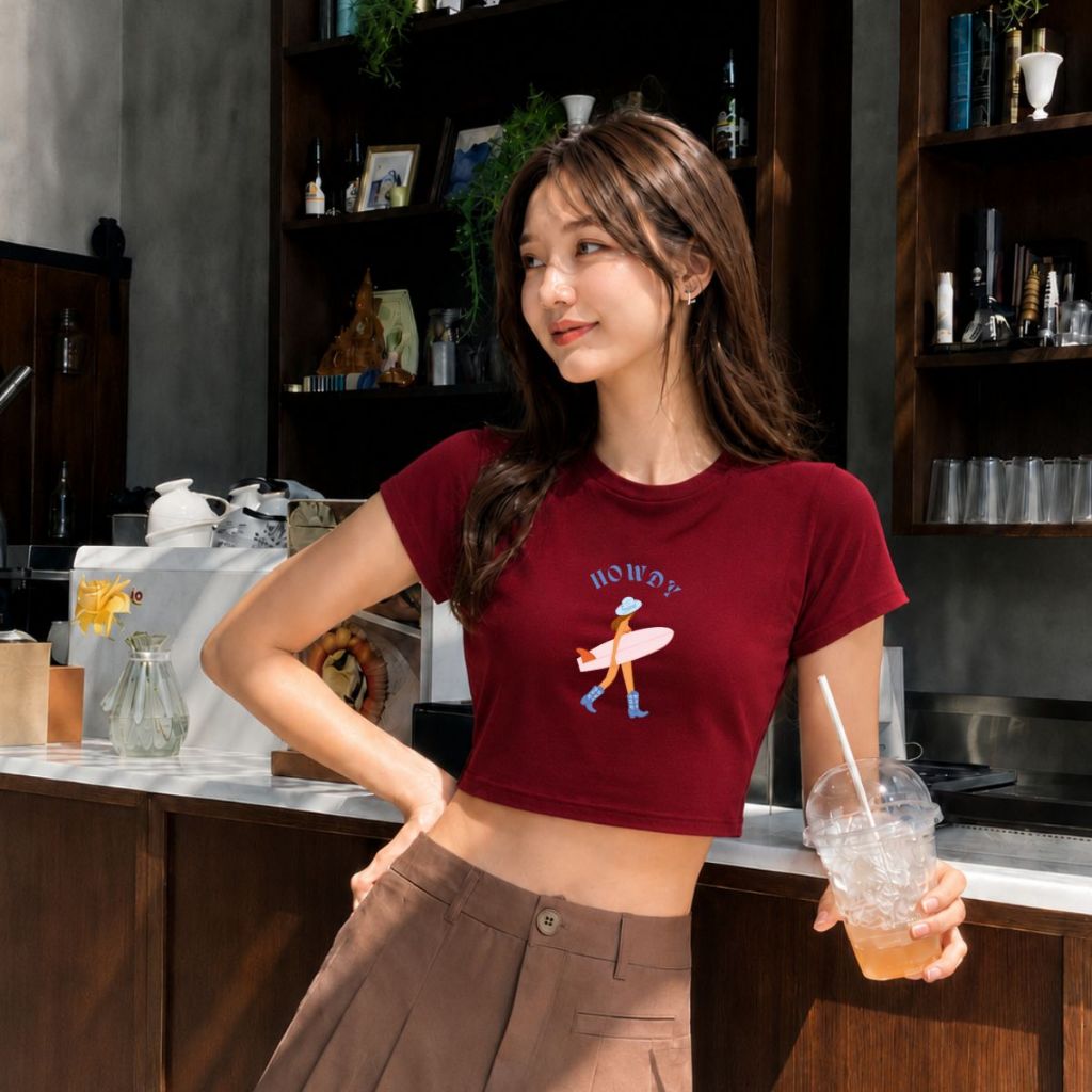 [Form Ôm] Áo croptop hình cô gái cầm ván lướt và chữ 'Howdy'- Loza CR8605_thumbnail_4