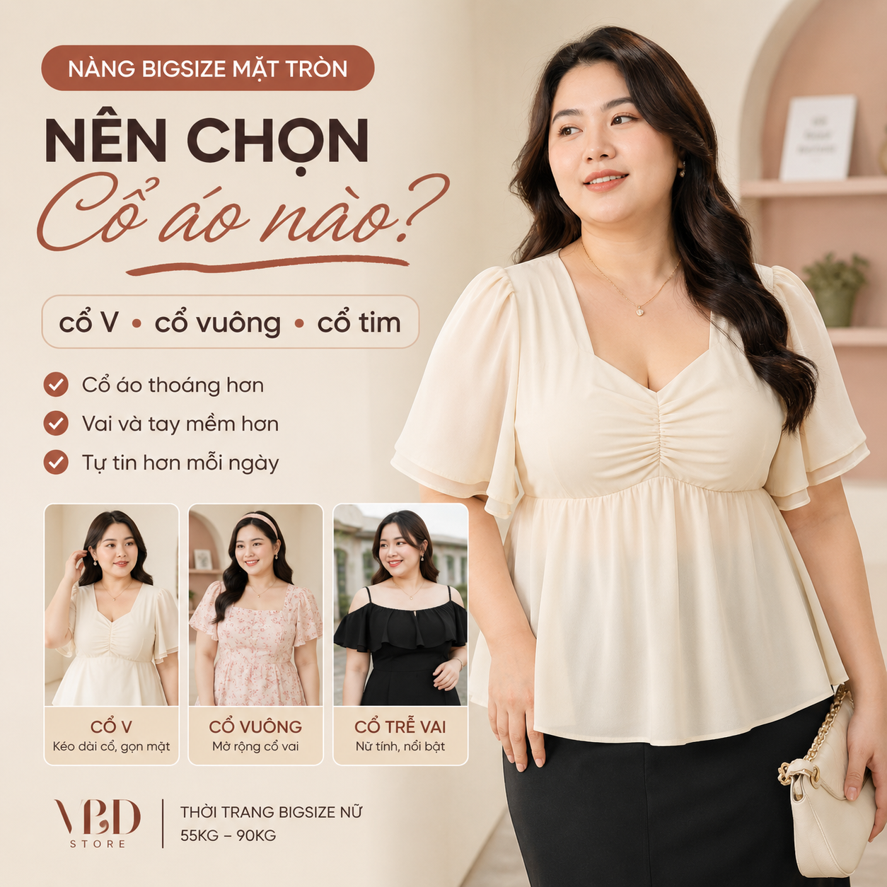 Nàng bigsize mặt tròn nên chọn cổ áo nào? | VBD