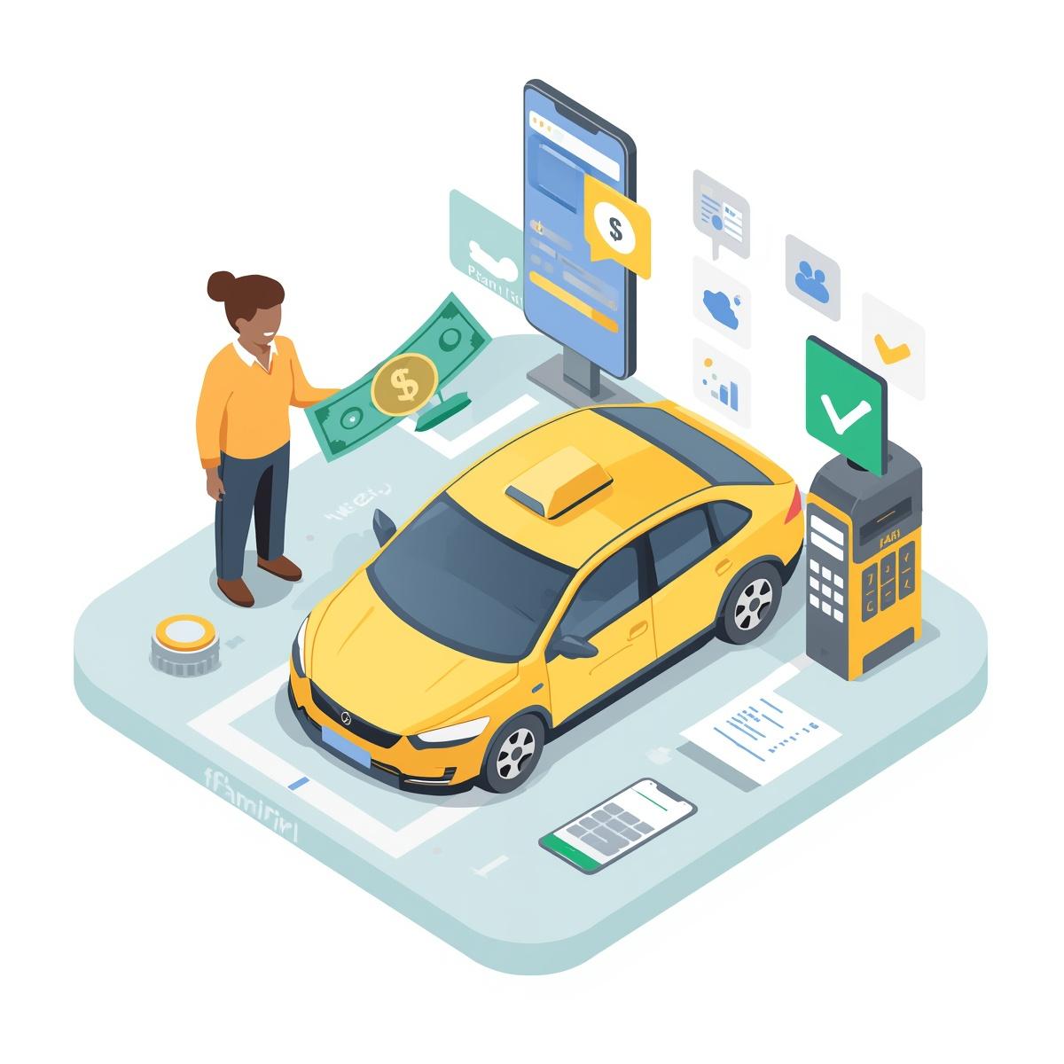 3D isometric illustration of payment and trip completion for taxi service, featuring yellow electric taxi, passenger paying with cash or mobile payment_bank transfer, payment terminal, smartphone with payment app, 