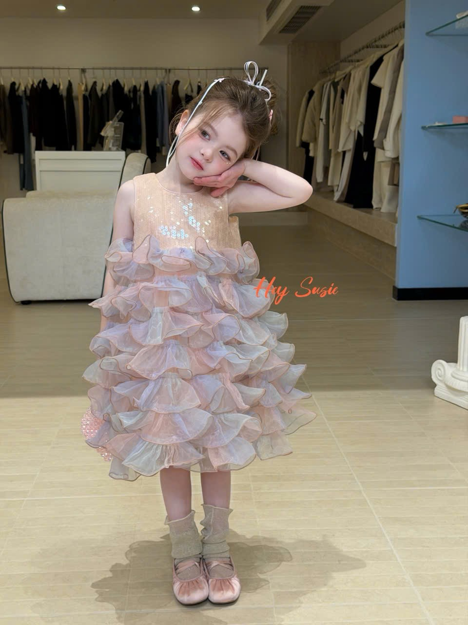HS06 - Váy sát nách đính cườm liền voan bèo tầng nhiều màu hãng Hey Susie