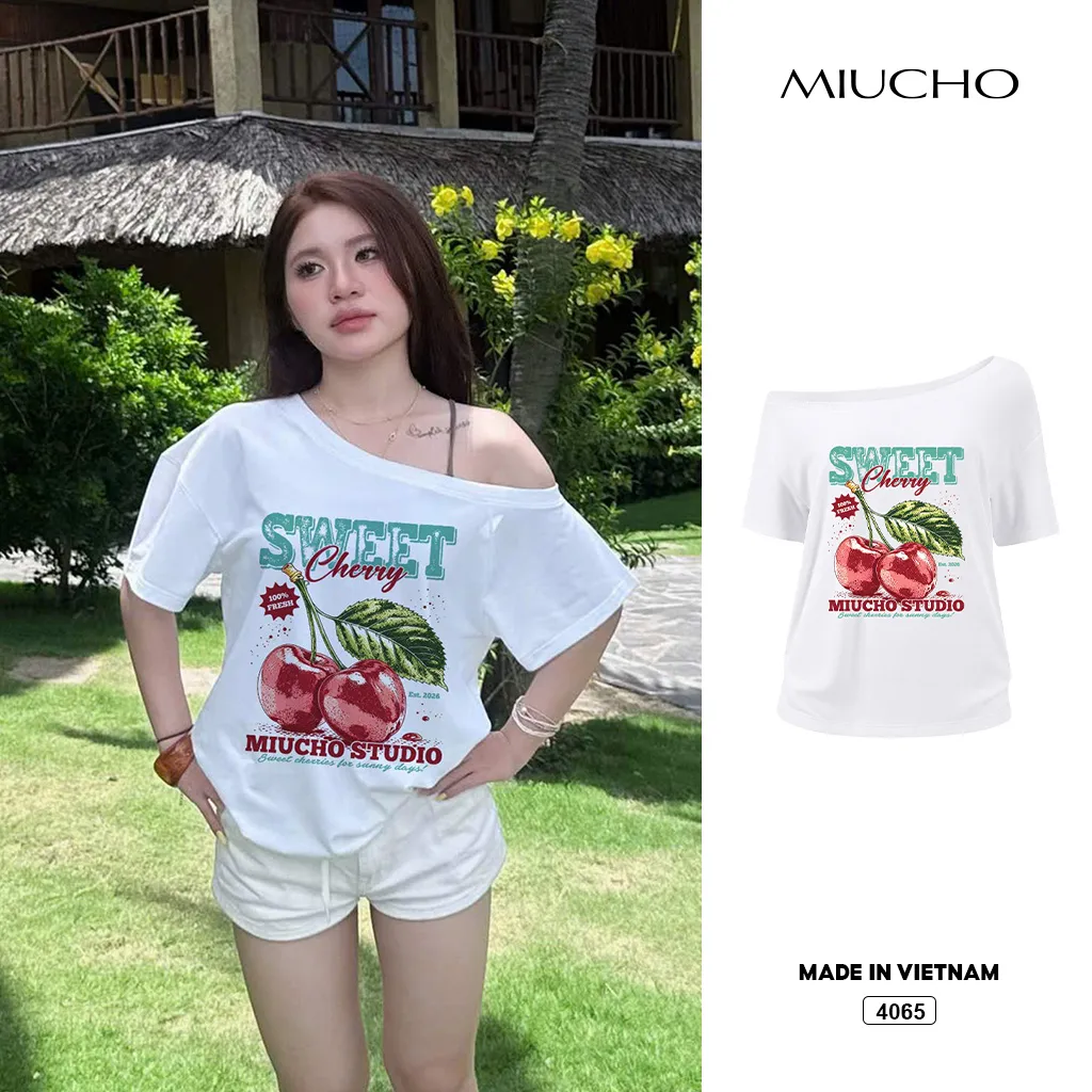 Áo thun nữ form rộng lệch vai Cherry Miucho 4065