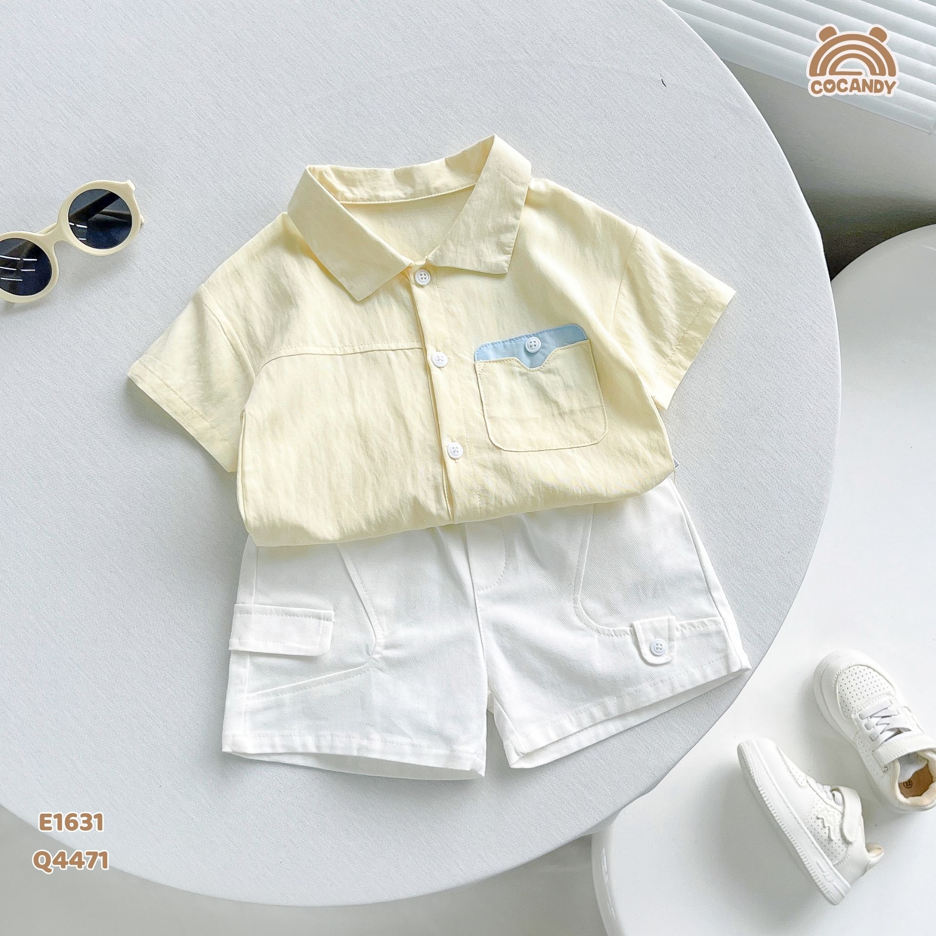 Áo cộc sơ mi VÀNG phối túi nẹp xanh