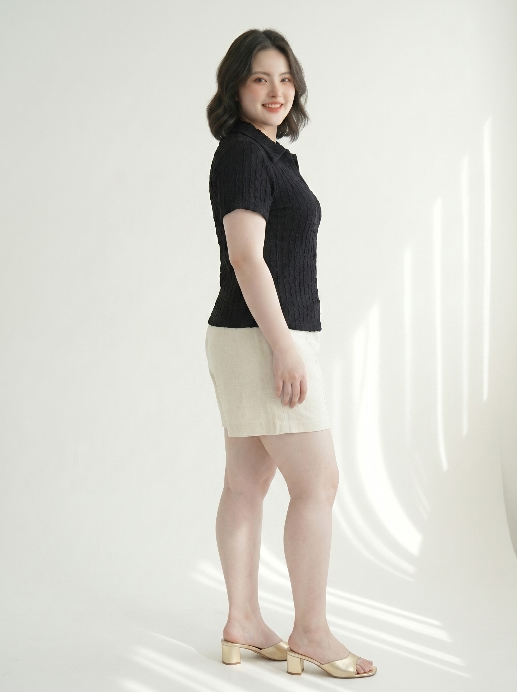 Áo Thun Polo Sọc Gân Bigsize Co Giãn Dễ Phối, Gọn Dáng Nhẹ - Đen/Kem - Vừa 55-95kg - V-AK100
