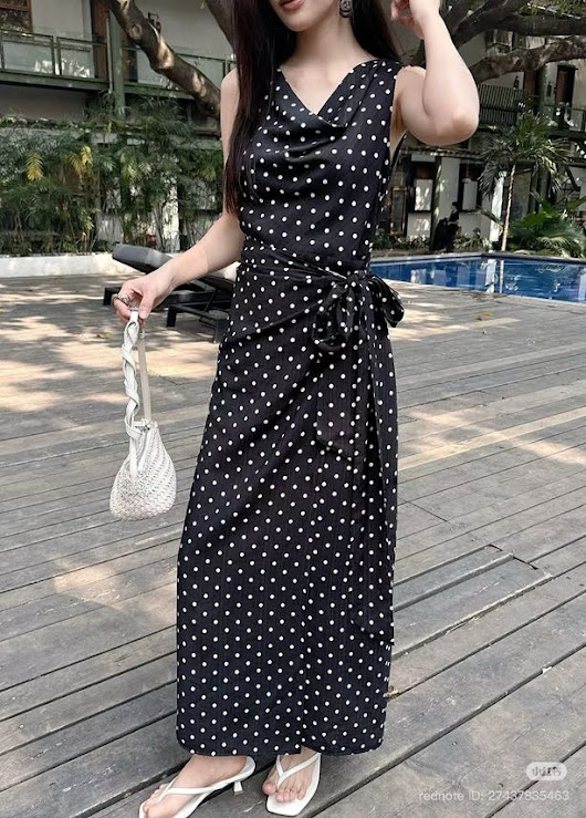 Lucas - Váy chấm bi cổ đổ zile buộc nơ eo dáng dài SHALIJIA_thumbnail_3