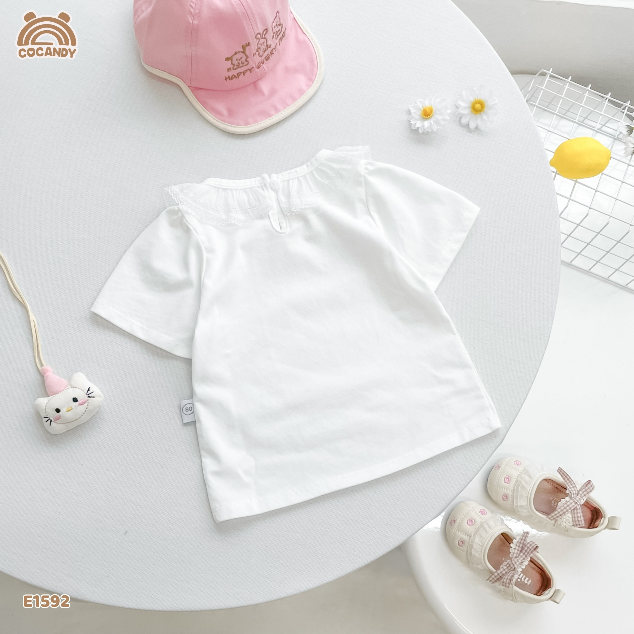 Áo cộc cotton TRẮNG nhún bèo cổ phối nơ_thumbnail_2
