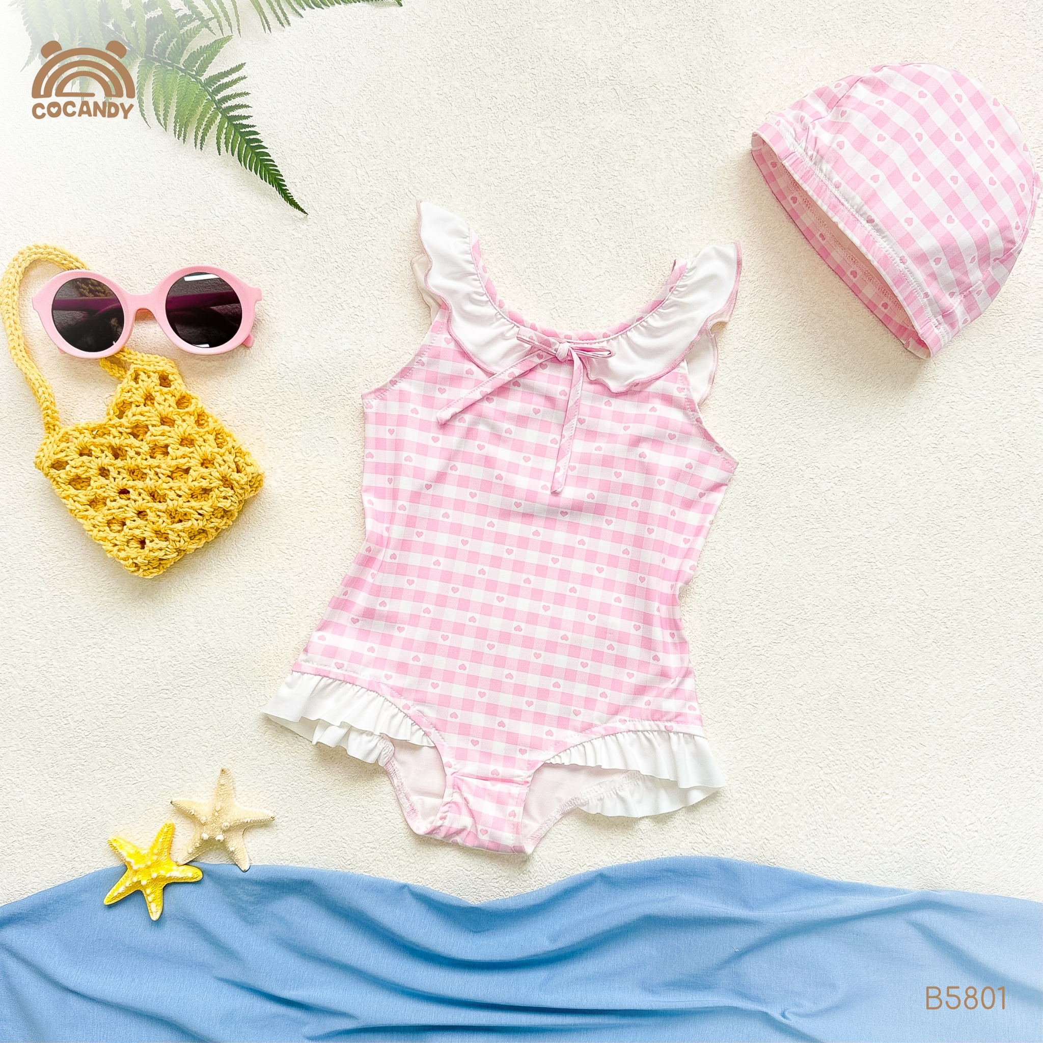 Bộ bơi caro HỒNG phối ren trắng