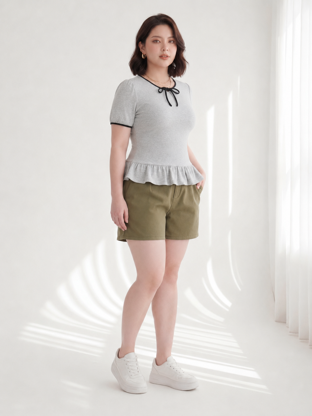 Áo Thun Nhún Bèo Phối Nơ Bigsize Form Peplum Tạo Eo Mềm Che Bắp Tay - Xám - Vừa 55-95kg - V-AK103