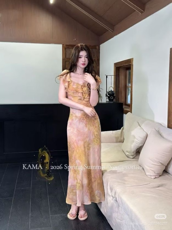 Lucas - Váy hoa 2 dây vải loang bèo ngực tầng 2 lớp dáng maxi KAMA